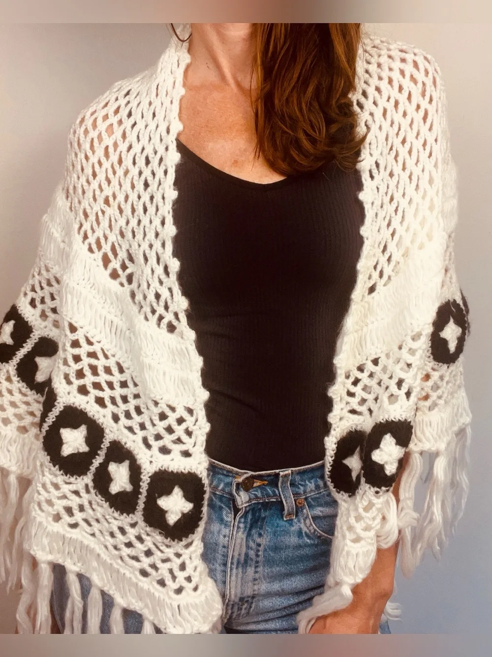 Vintage 70s Handmade Bohemian Crochet Shawl – Cream & Black Geometric Floral